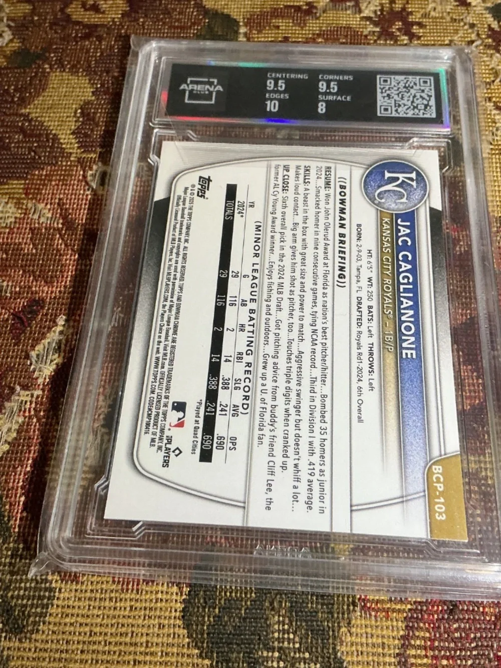 2025 Bowman BCP-103 Jac Caglianone Chrome Prospects Graded Rookie card Arena 8.5